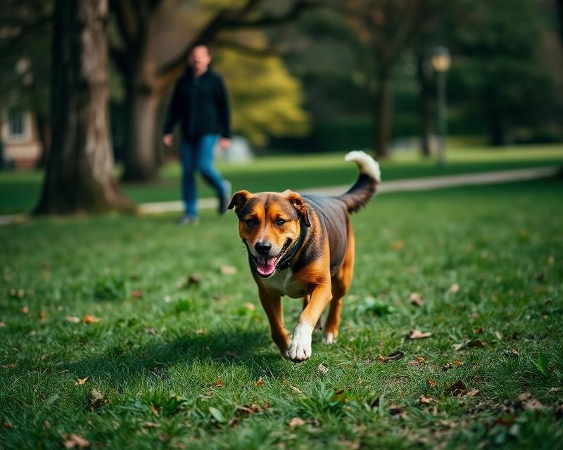 Cachorro correndo à frente do tutor em um parque