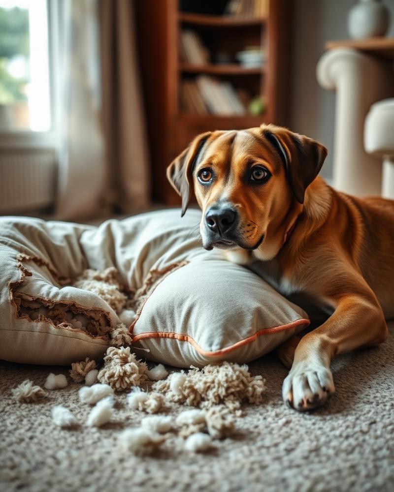 Cachorro ao lado de objetos destruídos na sala