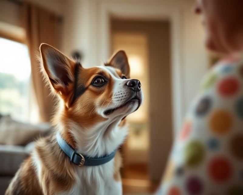 Cachorro atento olhando para a tutora dentro de casa