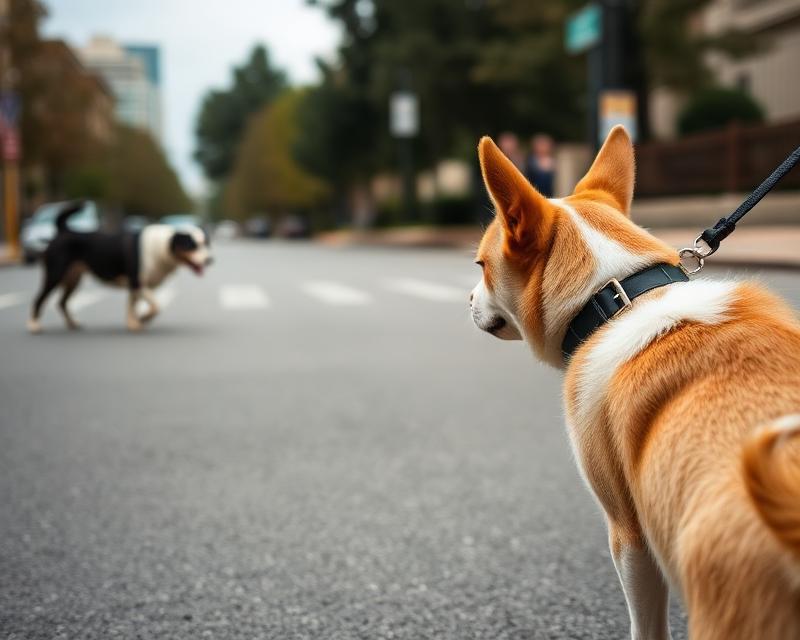 Cachorro na guia observando outro cachorro do outro lado da rua