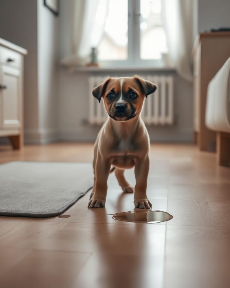 Cachorro em pé na sala perto de uma poça no chão