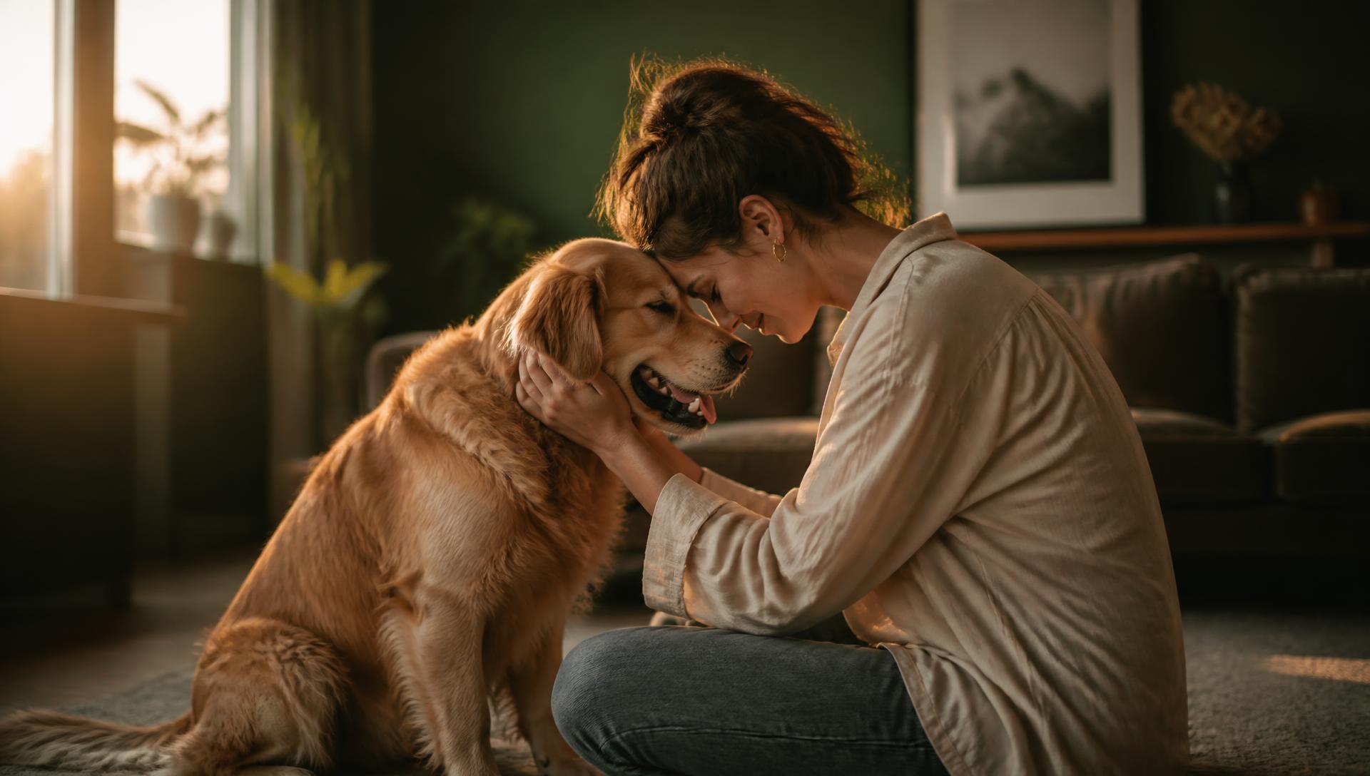 Tutora encostando a testa na cabeça do seu cachorro