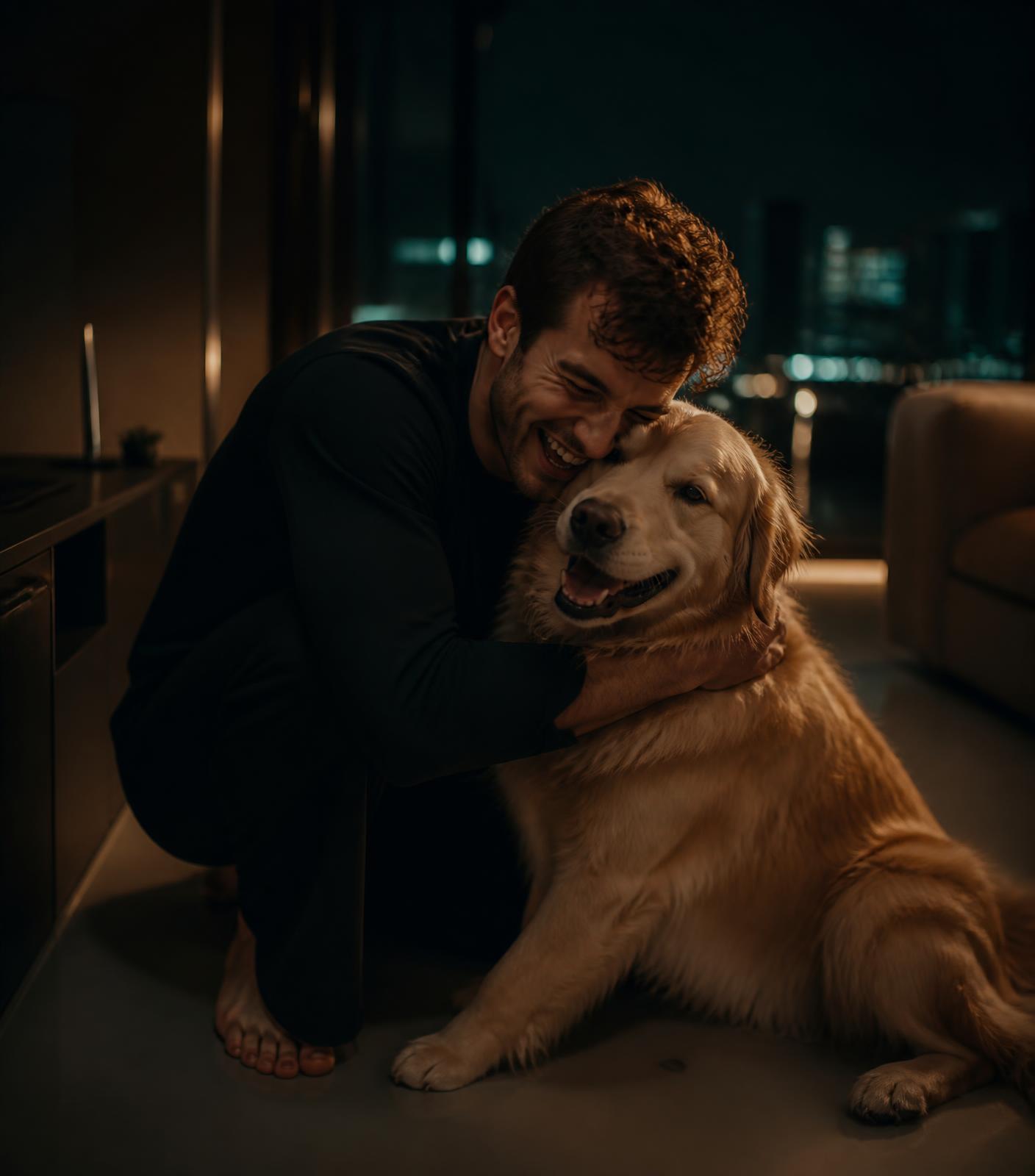 Tutor abraçando e brincando com seu cachorro dentro de casa