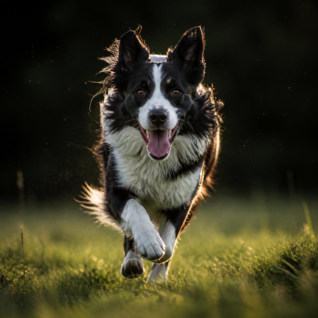 Cachorro correndo feliz em um gramado ao entardecer
