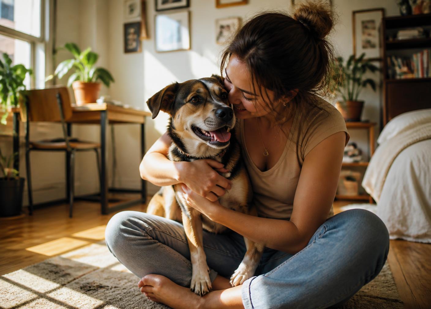 Tutor sentado no chão da sala com seu cachorro